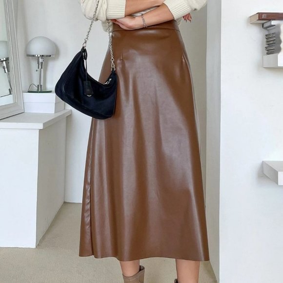 brown split back PU leather midi skirt fall winter chic classy trending - Picture 6 of 7